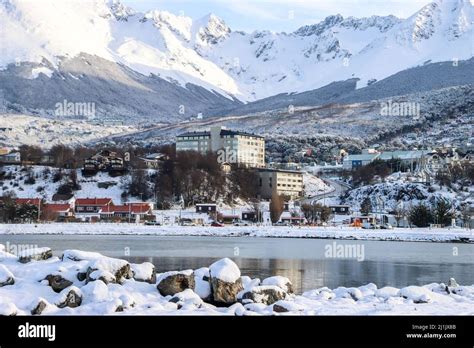 Ushuaia poster in winter season Stock Photo - Alamy