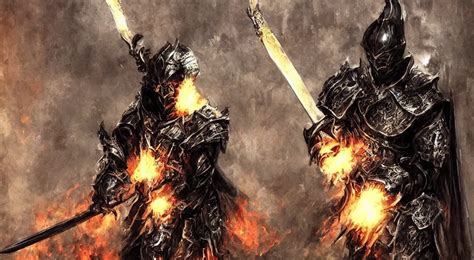 A Dark Fantasy Knight In Shiny Black Metal Armor Wielding A Flaming