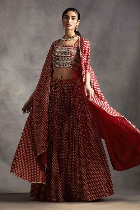 Buy Red Net Open Printed Cape Lehenga Set For Women By Bhumika Sharma