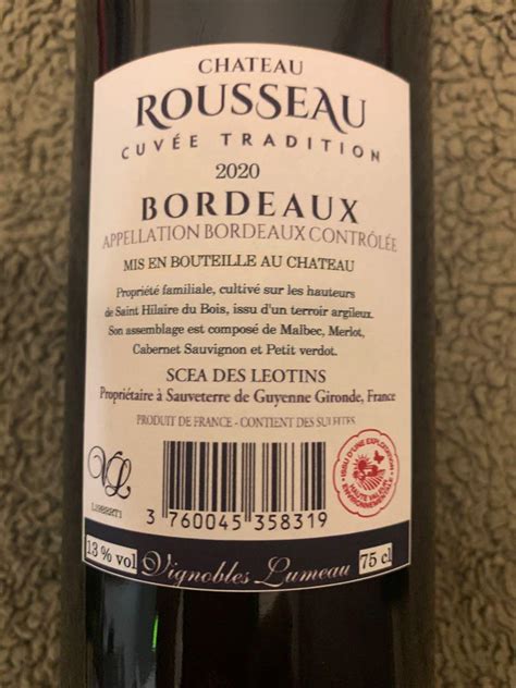 Red Wine CHATEAU ROUSSEAU 2020 BORDEAUX Food Drinks Alcoholic