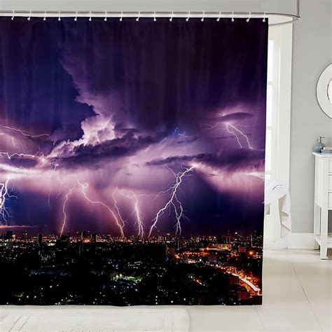 Modern Cityscape Bathroom Accessories Lightning Landscape Bath Curtain