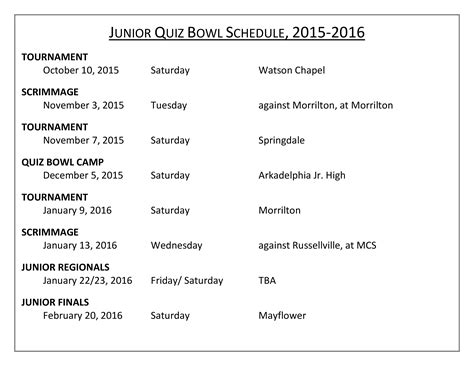 Printable Quiz Bowl Schedule