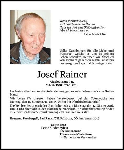 Todesanzeigen Von Josef Rainer Todesanzeigen Vorarlberger Nachrichten