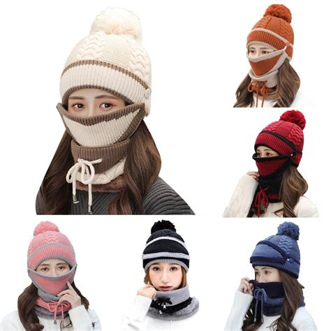 D Groee 3pcs Set Womens Pom Beanie Hat Scarfandmask Set Fleece Lined Knit