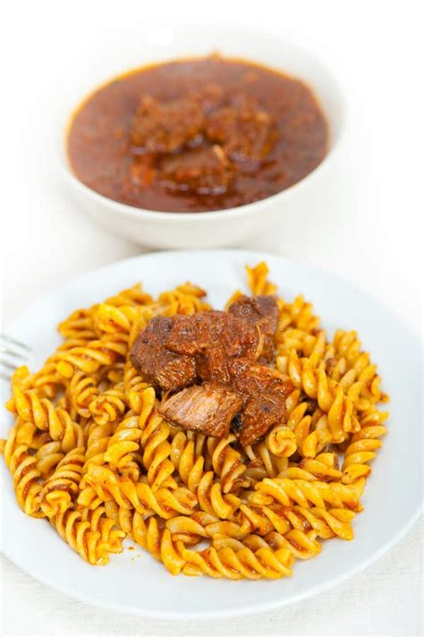 Fusilli Pasta With Neapolitan Style Ragu Meat Sauce Stock Photo Image