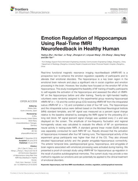 (PDF) Emotion Regulation of Hippocampus Using Real-Time fMRI ...