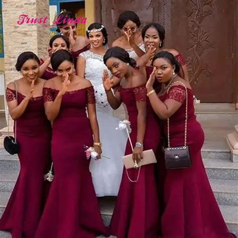 African Burgundy Bridesmaid Dresses Boat Neck Short Sleeves Bridesmaid