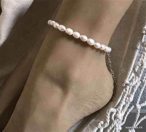 Bracelet De Cheville Perle D Eau Douce Blanche Argent Ninanina