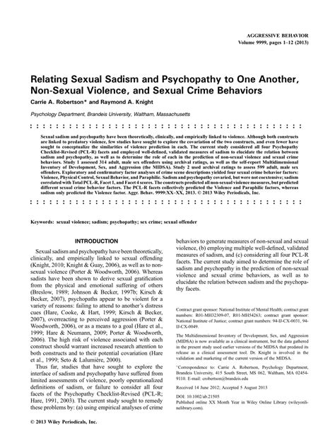 Pdf Relating Sexual Sadism And Psychopathy To One Another Non Sexual