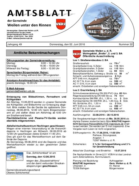 Ausfüllbar Online AMTSBLATT Gemeinde Weilen unter den Rinnen Fax