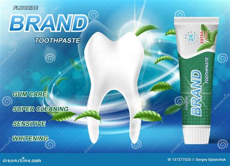 Whitening Toothpaste Ads, Mint Leaves Background. Tooth Model And Product Package Design For ...