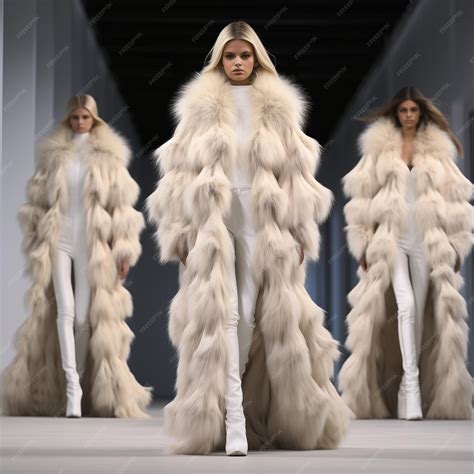Premium Photo | Fashion model wearing fur coat on grey background walks