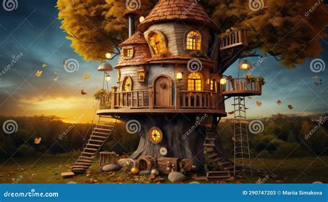 Whimsical Treehouse Photo Realistic Illustration - Generative AI. Stock Image - Image of mystery ...