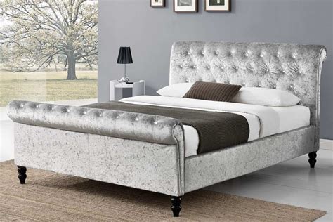 St James Silver Crushed Velvet Fabric Upholstered Sleigh Diamante