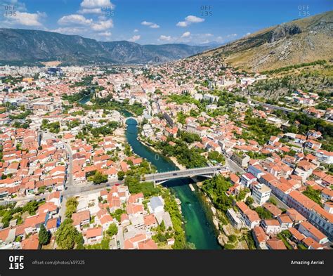 Aerial View Of City Of Mostar In Bosnia And Herzegovina And Its