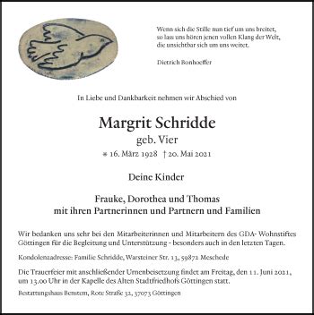 Traueranzeigen Von Margrit Schridde Trauer Anzeigen De