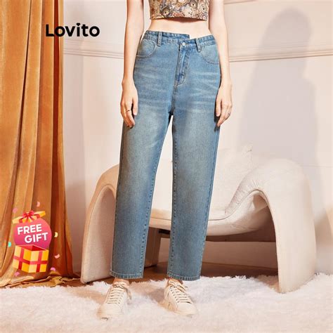 Lovito Casual Plain Asymmetrical Cat S Whiskers Women Jeans L Ed