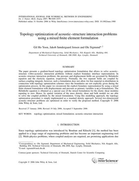 PDF Topology Optimization Of Acousticstructure Interaction Problems