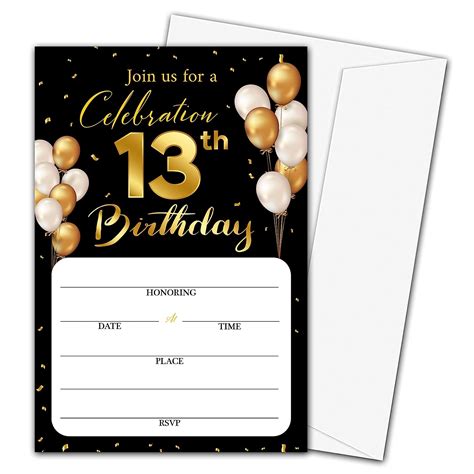 13th Birthday Invitation Cards With Envelopes Classic Gold Theme Fill