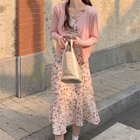 Shinsei Spaghetti Strap Floral Print Midi A Line Dress Cardigan