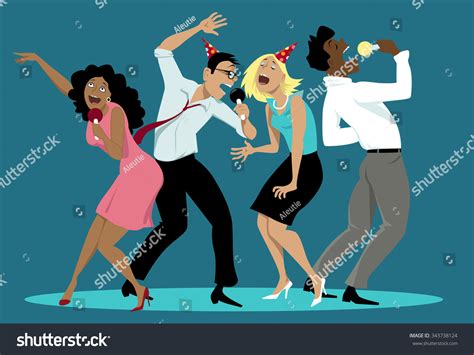 Diverse Group Friends Singing Karaoke Party Stock Vector 343738124