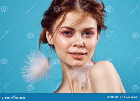 Pretty Woman Naked Shoulders Fashion Posing Bright Makeup Stock Photo