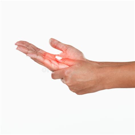 Hands Palm And Pain With Red Glow In Studio On White Background For