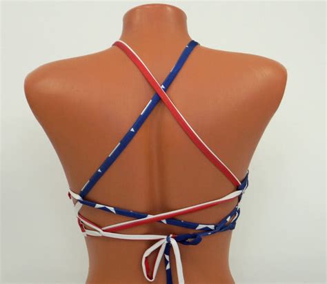 American Flag High Neck Halter Bikini Top Tie Side Scrunch Etsy