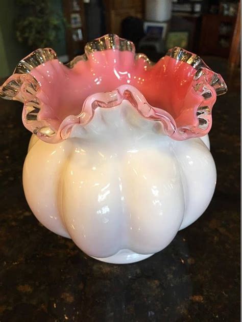 Vintage Fenton Cased Pink And White Ruffled Edged Milk Glass Melon Bowl Mid Century Silver