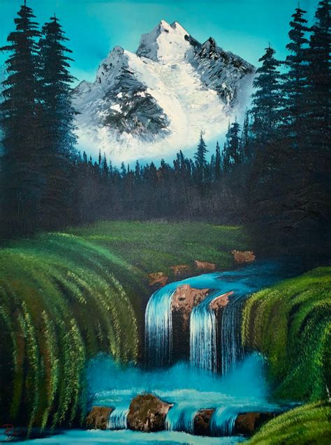 Bob Ross Style Rocky Mountains Waterfall Landscape Acrylic Etsy