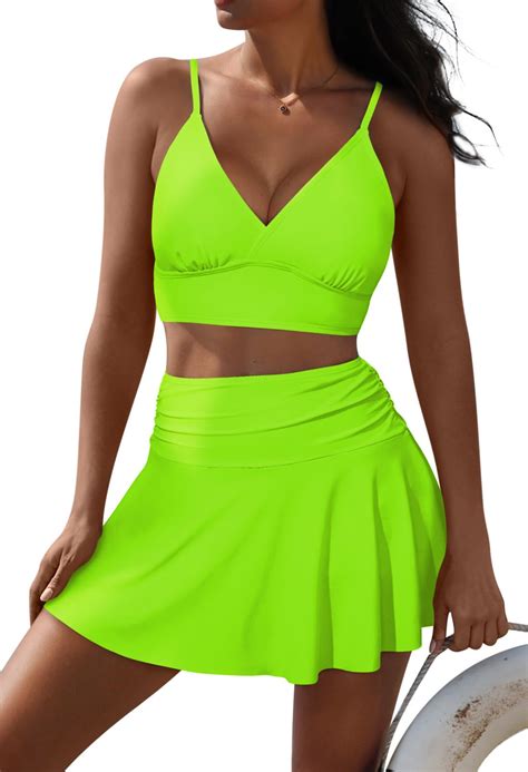 Pink Queen Women High Waisted Bikini Sets Two Piece Skirt Swimsuit V Neck Spaghetti Straps