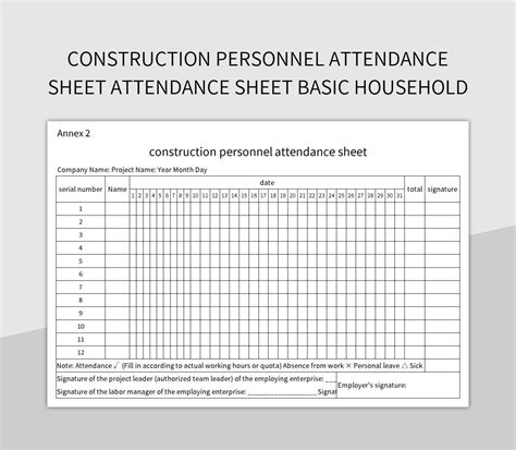 Construction Personnel Attendance Sheet Attendance Sheet Basic