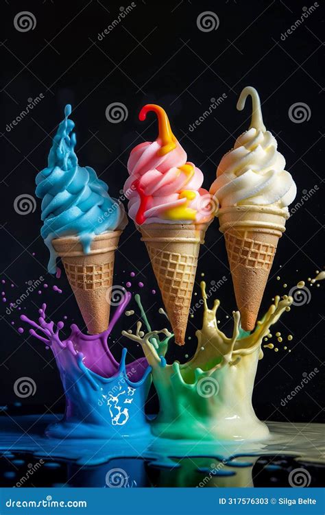 Three Rainbow Colour Ice Cream Cones with a Dramatic Splash of Rainbow ...