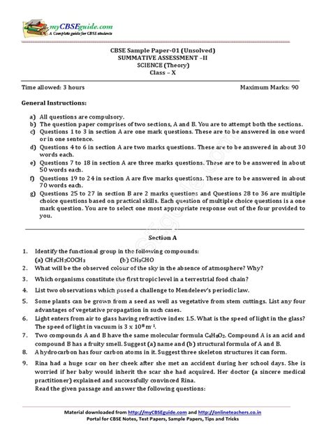 Cbse Sample Paper 01 Unsolved Summative Assessment Ii Class X Pdf Lens Optics Atomic