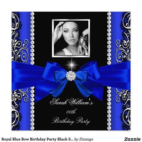 Royal Blue Bow Birthday Party Black Silver Photo 2 Invitation Zazzle