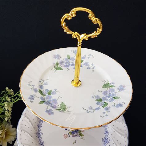 Tier Cake Stand Mismatched Vintage Plates Floral Blue Purple White