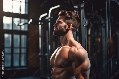 Muscular Man With Nude Torso In Gym Sport And Gym Concept Sportsman With Muscles Looks