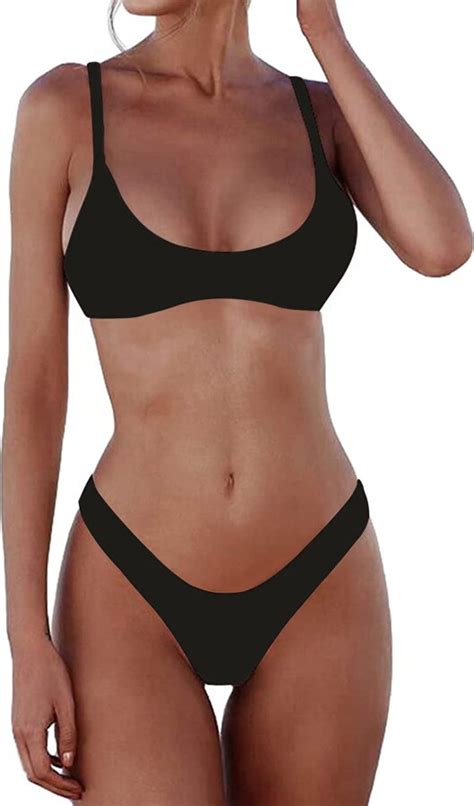 Suvimuga Womens Thong Bikini Swimsuit Two Piece Scoop Neck Padded Push