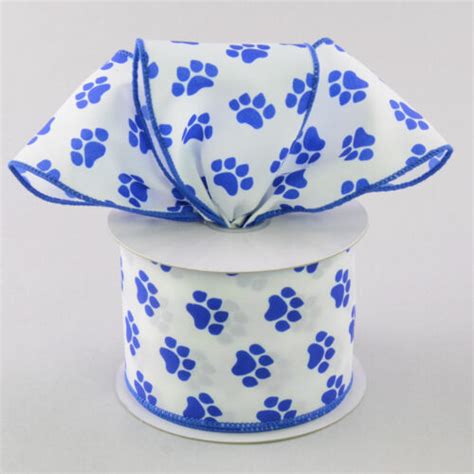 3 Yards Of Fun BLUE Paw Prints On White Satin 2 5 Wide Wired Ribbon 2