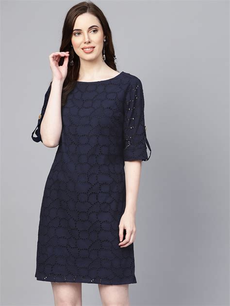 Buy Femella Women Navy Blue Schiffli Embroidered A Line Dress Dresses