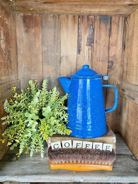 Blue Speckled Graniteware Coffee Pot Old Enamelware Vintage Campfire