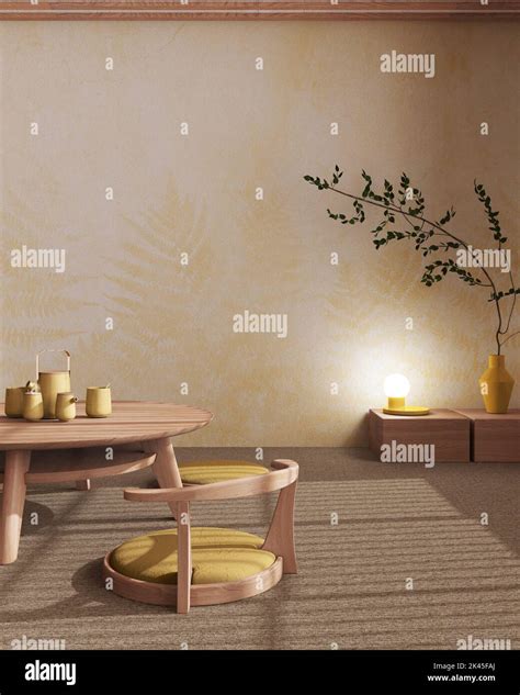 Japandi Tea Ceremony Room Mock Up In Yellow And Beige Tones Japanese