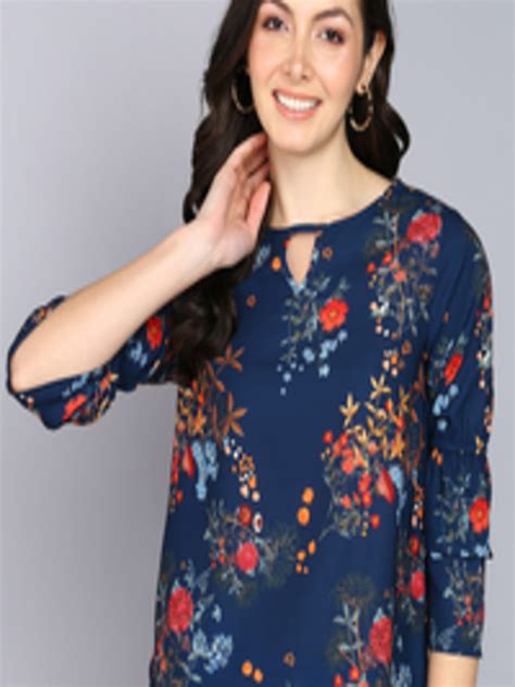 Buy Mast And Harbour Navy Blue Keyhole Neck Floral Printed Bell Sleeve