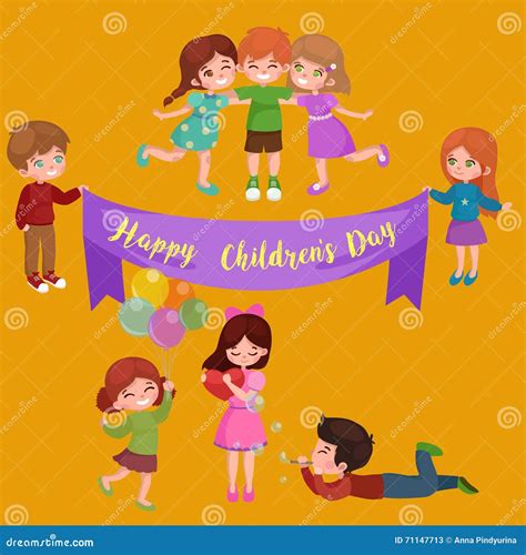 Vector Illustration Kids Playing Greeting Card Happy Childrens Day