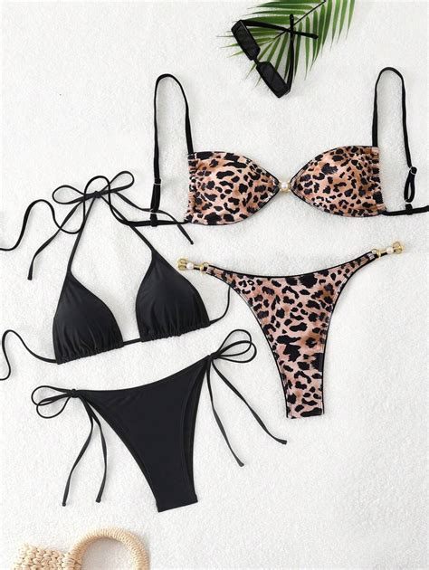 Shein Swim Springbreak Pcs Set Women Swimwear Triangle Straps Tie Side Bikini Top And Leopard