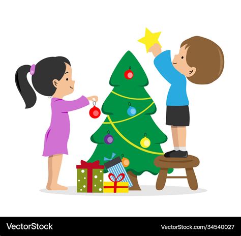 Two Children Decorating Christmas Tree Royalty Free Vector