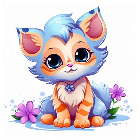 Lindo Gatito De Dibujos Animados Con Ojos Azules Sentado En El Suelo