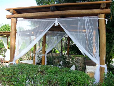 Outdoor pergola curtains. stock image. Image of hotel - 218609737