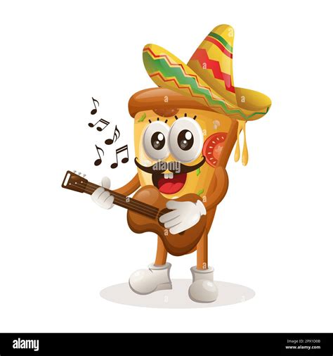 Cute Pizza Mascot Wearing Mexican Hat With Playing Guitar Perfect For