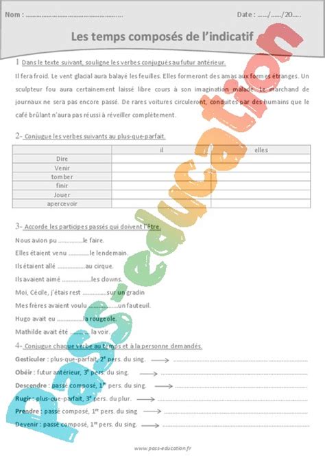 Temps Composes De Lindicatif Cm2 Exercices Corriges Par Pass Images